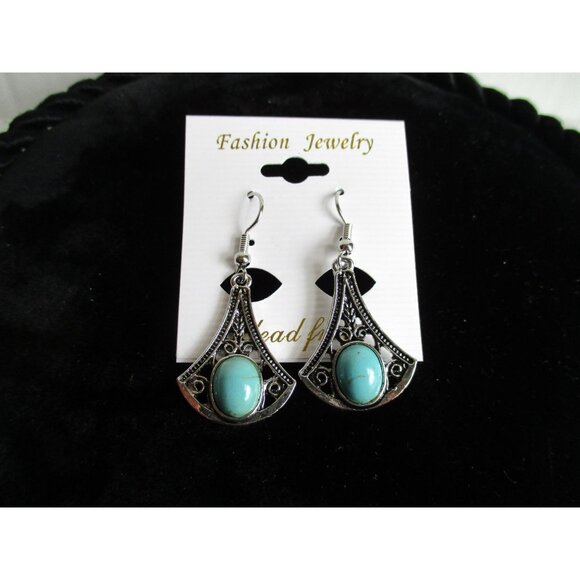 **Southwestern Silver & Blue Stone Wire Pierced Earrings Drop Dangle Jewelry - Picture 3 of 5